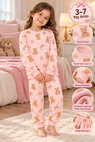 Üç Gül Ticaret Kız Çocuk 3-7 Yaş Ayıcıklı Kalpli Pijama Takımı İçi Pamuklu Şardonlu Bej