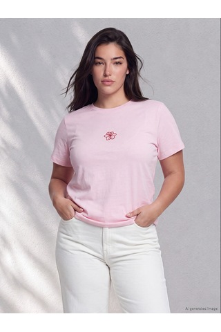 Lcw Petite Pembe Çiçek Nakışlı %100 Pamuklu Kadın Tişört