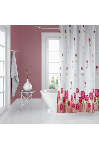 Zethome Banyo Duş Perdesi 7017 180x200 Perde Borusu Askı Aparatı Pembe 160x260 Hediyeli Pembe