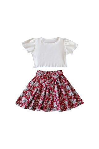 Çocuk Etekli Crop Takım, Çiçekli Koyu Kırmızı Etek - Ekru Crop Ekru-kkırmızı Ekru - Kırmızı