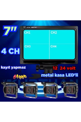 Kayıtsız 7 İnç Monitör 4 Adet Metal Kasa Kamera 12 24 Volt