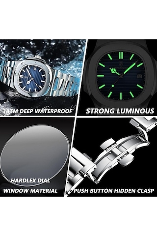 Yingfu 2025 Yeni Lüks Mavi Paslanmaz Erkek Saat, İş Su Geçirmez, Aydınlık Tarih, Kare Kuvars Mavi