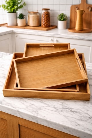 Makri Home 3'lü Dikdörtgen Bambu Tepsi Seti, Büyük: 29 X 41 Cm, Orta: 26 X 37 Cm, Küçük: 23 X 33 Cm Sarı