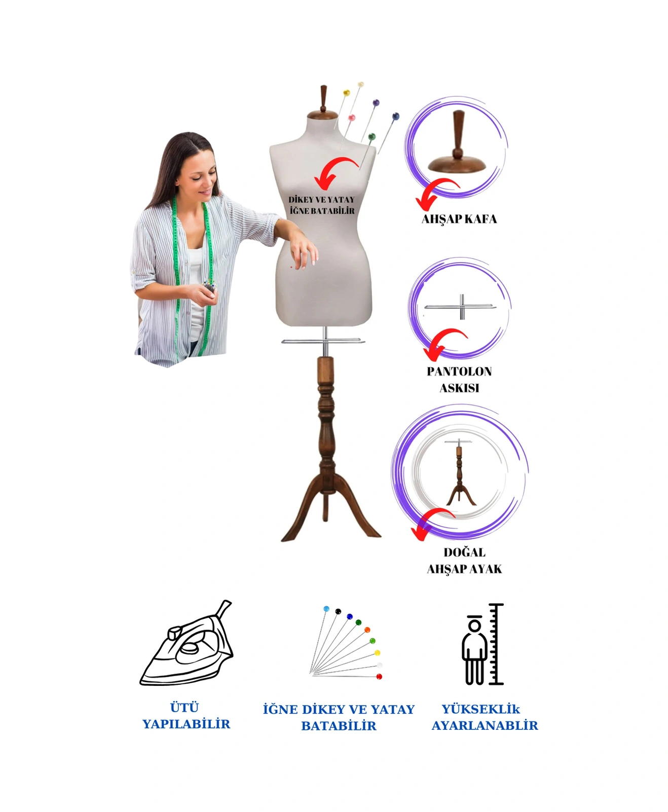 Sünger Iğne Batabilen 40 Beden Beyaz Kumaşlı Ahşap Ayaklı Terzi Mankeni Prova Mankeni Po-01 0009