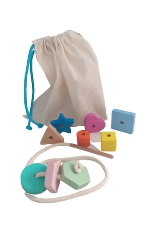 Montessori Ahşap Oyuncak - Giz Torbası Ve Ip Geçir Geometrik Şeki