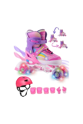 Yıldız Gökkuşağı Işıklı Kız Çocuk Pateni Kask Ve Dizlik Seti Silikon Teker Ayarlanabilir Taşıma Pembe