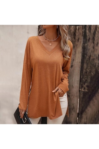 Hnxc Kadın Moda Günlük Yaz Düz Renk Baskı Uzun Kollu V Yaka Bluzlar Ve Gömlekler Turuncu