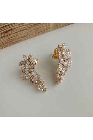 Lente Aksesuar Xuping Gold Baget Taşlı Ve İncili Lüks Yelpaze Küpe Gold - Gümüş