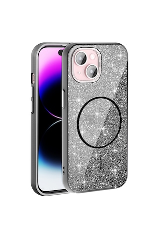 Zore Apple iPhone Uyumlu 15 Plus Kılıf Magsafe Şarj Özellikli Parlayan Simli Nvth Okso Kapak - Derin Mor