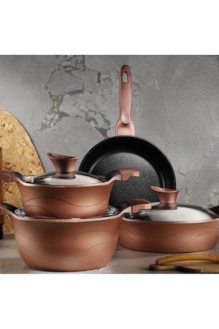 Kütahya Porselen 7 Parça Lidya Döküm Granit Tencere Seti-Rosegold