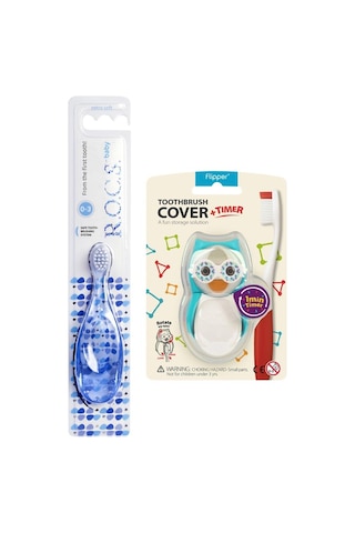 Rocs Baby 0-3 Yaş Soft Diş Fırçası (Mavi) + Flipper Hijyenik Saklama Kabı (Mavi Baykuş)