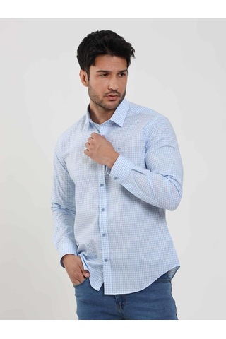 Dufy Mavi Erkek Slim Fit Kareli Brent Yaka Uzun Kol Gömlek - 102384-mavi Mavi