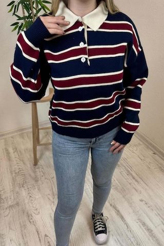 Kadın Lacivert - Bordo Polo Yaka Çizgili Oversize Triko Kazak Lacivert