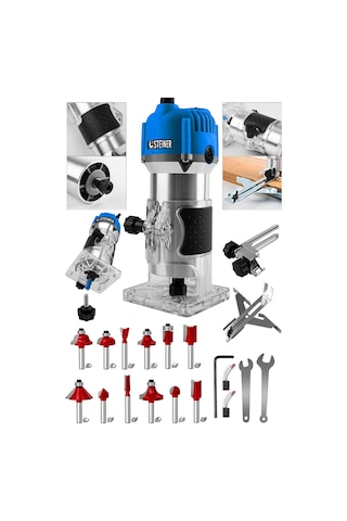Steiner 3000 Watt 6 Kademe Devir Ayarlı Formika Traşlama Freze Makinesi 6 MM Pens Mavi + Uç 12 Adet