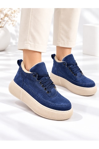 Dabab Shoes Nolen Kadın Lacivert Bağcıklı Lüks Süet İçi Kürklü 4 Cm Kalın Taban Sneaker Spor Ayakkabı