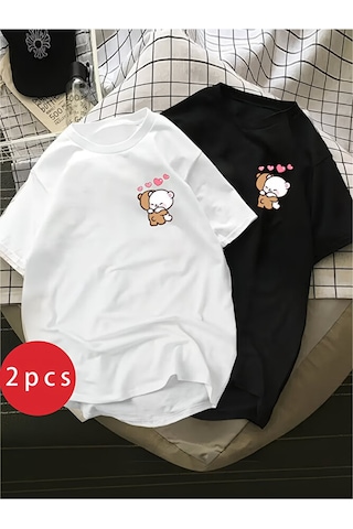 Nevermind Sevgili Kombini Ayıcık Kalp Baskılı Çift Tişört Oversize Unisex P Çok Renkli