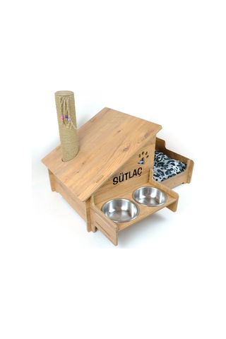 Ahşap Kedi Evi - Mama Kabı - Özel Isim Baskılı - Tırmalama Çubuklu -meşe Mdf - Çelik Kase - 2 400ml