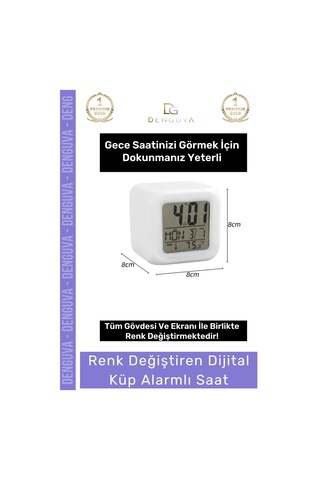 Çalarsaat Renk Değiştiren Dijital Termometreli Işıklı Dekoratif Gece Alarmlı Küp Masa Çalar Saat Çok Renkli