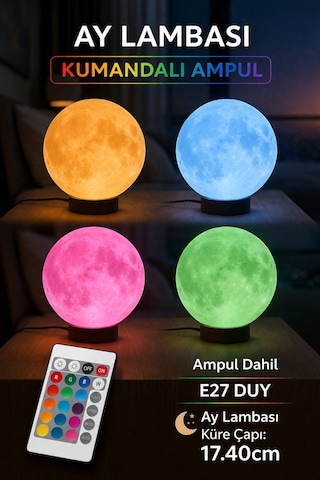Ay Lambası Kumandalı Rgb Renk Değiştiren Gece Lambası 17.4 Cm E27 Ampul Dahil Çok Renkli