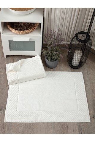 2'li Diyagonal Çizgili Ayak Havlusu Seti - %100 Pamuk Havlu Takımı - 50x70 Cm Krem Krem