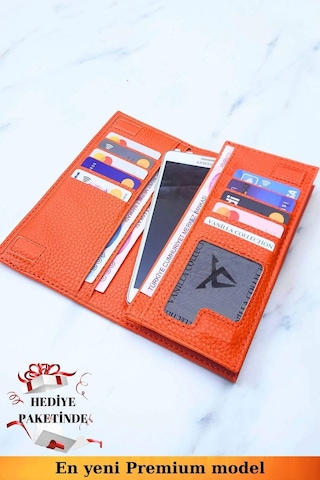 Telefon Bölmeli Unisex Turuncu Cüzdan Mıknatıslı Ve El Bantlı Büyük Paraportföy El Çantası Turuncu