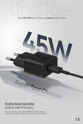 45w Usb-c Pd-pps Super Hız Şarj Adaptörü Ve 1m 5a Type-c To Type-c Kablo Siyah 3 Yıl