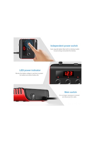 Yunboo Araç Şarj Adaptörü 3 Çıkışlı 4 Usb 100w, Voltaj Göstergeli, Açma-kapama Anahtarlı, Çoklu Koruma, Siyah