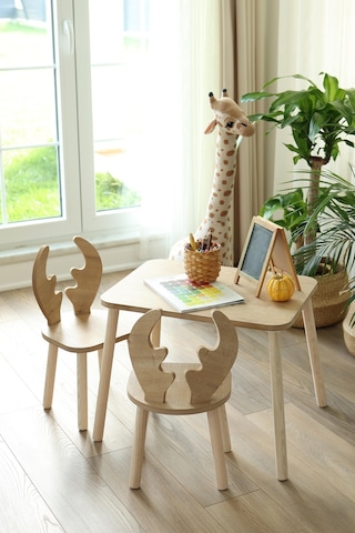 Montessori Geyik Sandalyeli Çalışma Masası 2 Sandalye 1 Masa Kahverengi