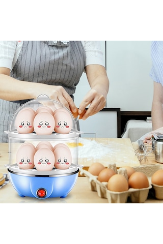 Vkemall 350w Ev Tipi Çift Katlı 14 Yumurta Mavi Buharlı Yumurta Pişirici, Otomatik Kapanma Ve 40ml Ölçü Bardağı İle