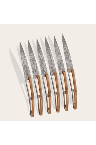 6 Deejo Steak Knives, Olive Wood / Blossom Kahverengi