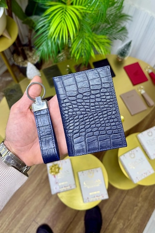 Premium Deri Ruhsat Kılıfı Ve Anahtarlık Seti Lacivert Croco