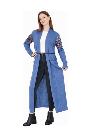 Onno Style Woman Standart Beden Kilim Desenli Uzun Triko Ceket Mavi