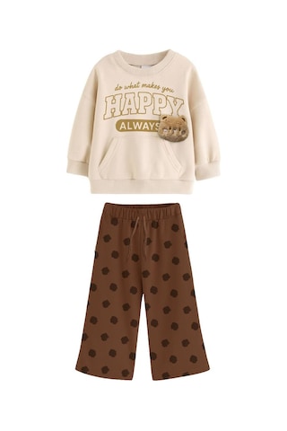 Kız Çocuk Peluş Teddy Bear Aplikeli Sweatshirt Bol Kesim Puantiye Eşofman Altı Takım Kahve