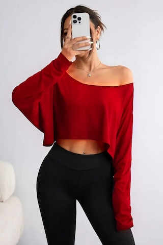 Kadın Düşük Omuz Kayık Yaka Oversize Uzun Kollu Crop T-shirt Kırmızı