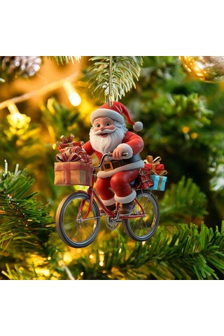 Geeksen Kahverengi Akrelik Noel Ağaç Dekorasyonu - Bisikletle Hediye Veren Noel Baba Figürü, Kolay Asma, Renk Tutarlı, Çok Amaçlı Kullanım