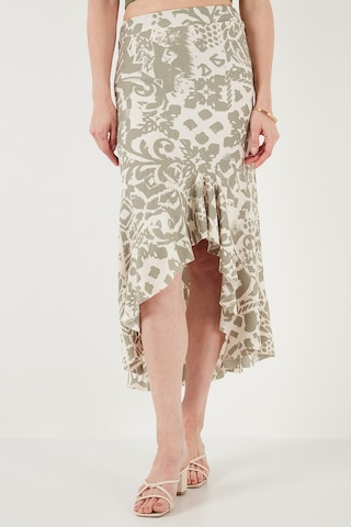 Lela Regular Fit Desenli Yüksek Bel Volanlı Midi Boy Yırtmaçlı Bayan Etek 5869013 Olive