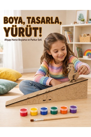 Ahşap Hareketli Horoz Boyama Ve Parkur Seti 6 Renk Boya, Fırça Ve Kolay Kurulum Platform Dahil