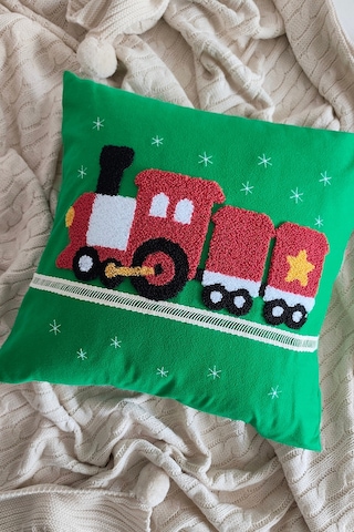 Tren Nakışlı Dantelli Dekoratif Kırlent Kılıfı - Punch İşlemeli Çocuk Odası Dekoru - 43x43 Cm Yesıl Yeşil