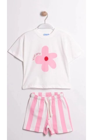 Baby Lory Kids Store Kız Çocuk Çiçek Desenl Pamuklu Çizgili Takım Pembe - Beyaz