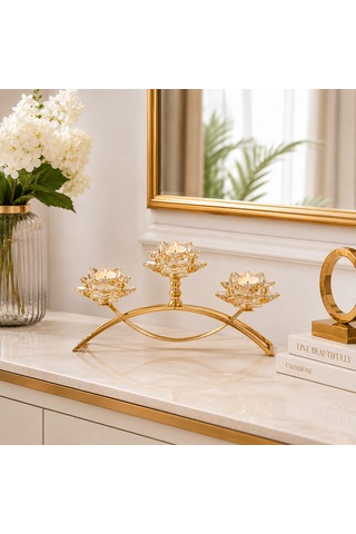 Altın Lotus 3 Saplı Kristal Cam Mumluk Dekoratif Şamdan Amber - Gold