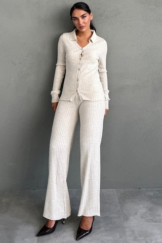 Madmext Taş Rengi Fitilli Polo Yaka Düğmeli Triko Kadın Takım Mg2802