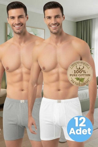 Uniquetrenders Erkek %100 Pamuklu 12'li Süprem Kumaş Penye Boxer Gri - Beyaz