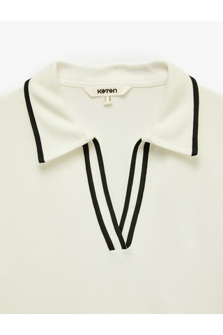 Koton Viskon Slim Fit Kontrast Detaylı Çizgili Kısa Kollu Polo Yaka Tişört Ekru 7wak50050ek