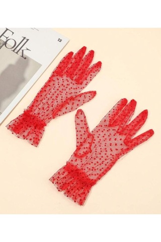 Güpürlü Tüllü Puantiyeli Şeffaf Parti Kostüm Kına Düğün & Gelin Eldiveni Kırmızı Çok Renkli