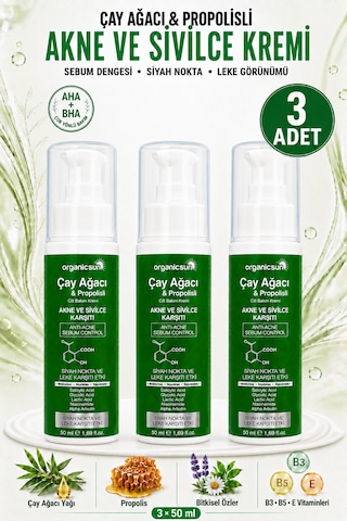 Organicsun Çay Ağacı Ve Propolisli Akne Ve Karşıtı Cilt Bakım Kremi 3 Adet X 50 Ml Siyah Nokta Ve Leke Görünümü Bakımı