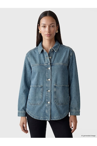 Lcw Everyday İndigo Gömlek Yaka Oversize Kadın Jean Ceket