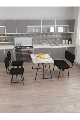 Hayat 70x110 Efes Mutfak Masası, Mutfak Masası Takımı, Yemek Masası, 2 Sandalye 1 Bench - Siyah Siyah