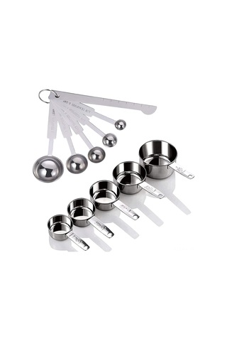 Kangvka Stainless Steel Ölçü Seti: 5 Kadeh 30-250ml + 5 Kaşık 0.5-15ml + Düzeltici Aracı, Gümüş Renk, 11 Parça Gümüş