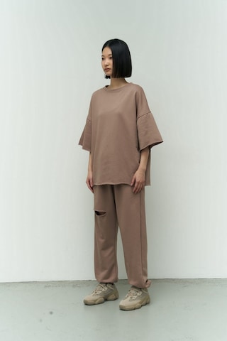 Mai Collection Mai Studios Co. Lion Yırtıklı Boz Oversize T-shirt Eşofman Takım Kahverengi
