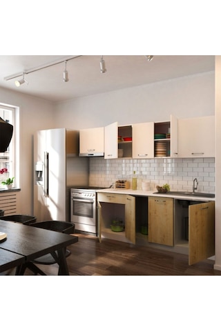 Tdesigno Nisa Hazır Mutfak Dolabı 260 CM Safir Meşe Beyaz Atlantik Çam - Beyaz